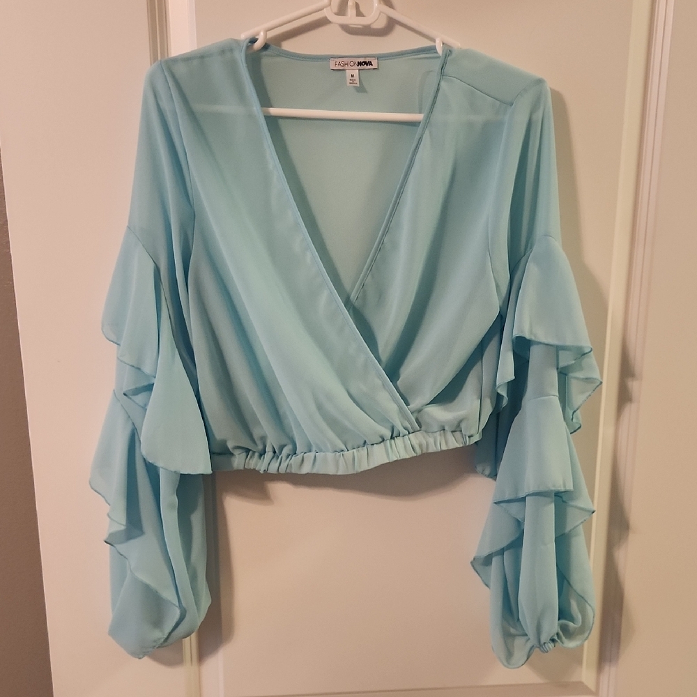 Fashion Nova Light Blue Ruffle Sleeve Blouse